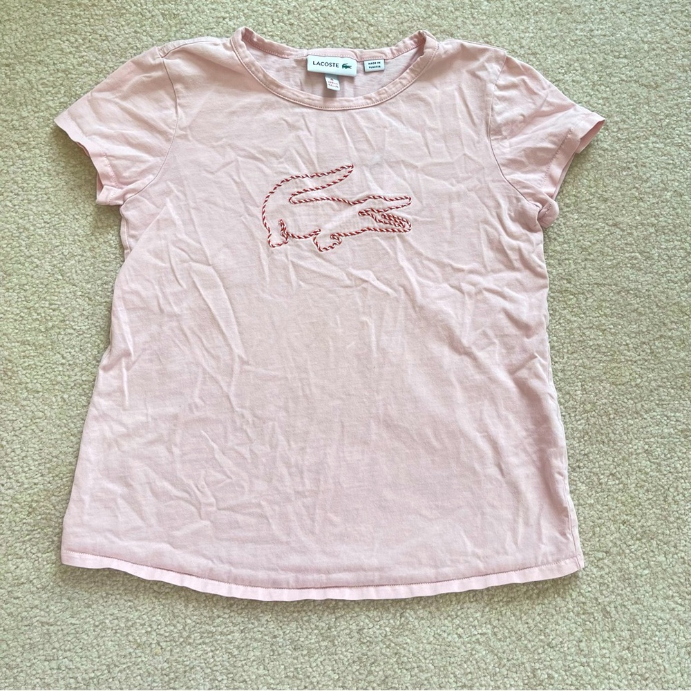 Lacoste logo embroidered girls t-shirt size 8 Pink crew neck short sleeve
